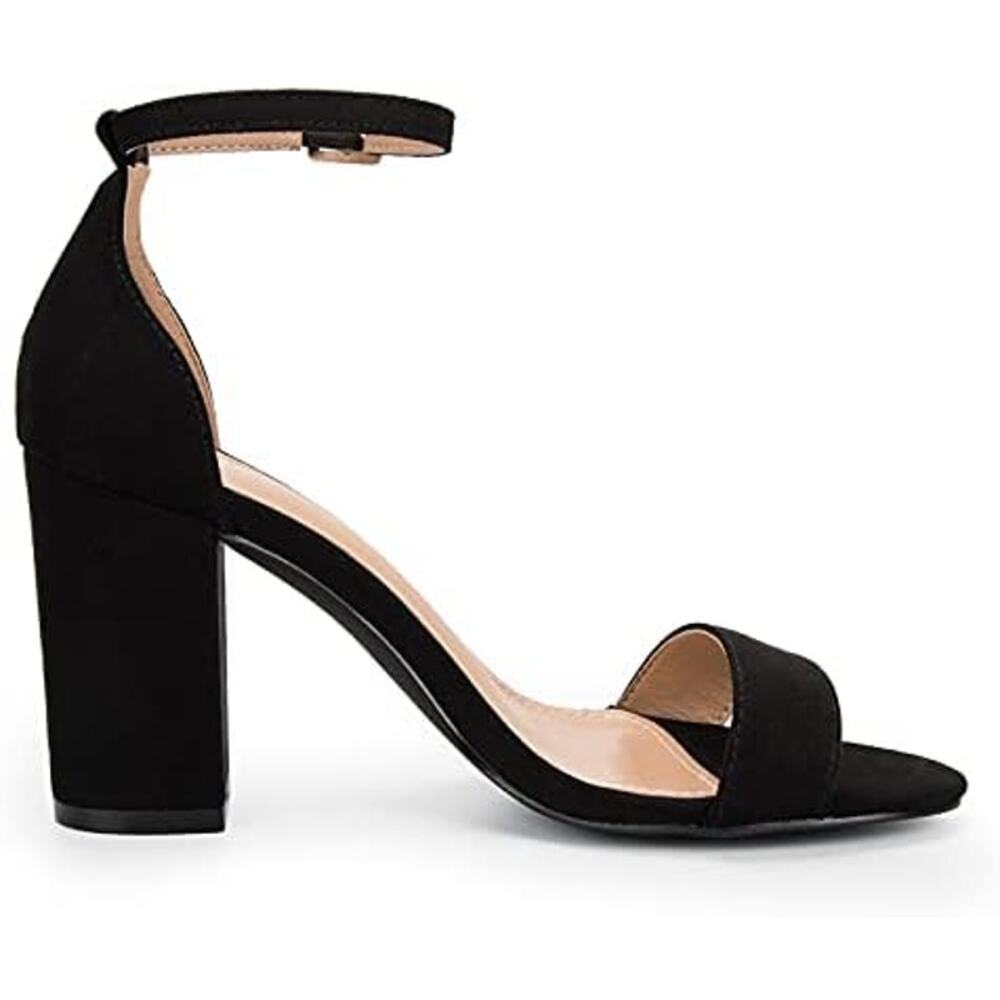 Chunky Block Heels Open Toe Ankle Strap 3.5 Inch Heeled Sandals, Black Suede, 9 - Picture 4 of 5